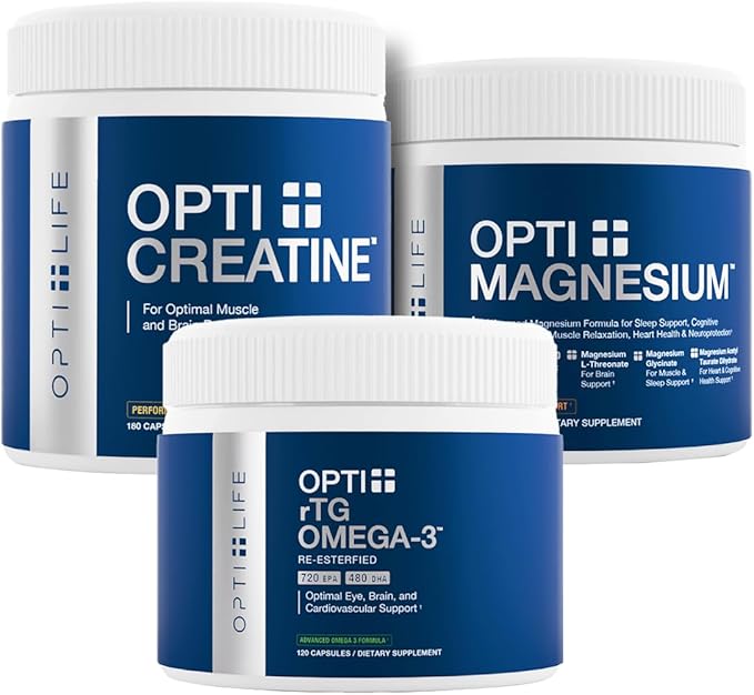 Opti + Strength & Recovery Bundle - Creatine, Triple Magnesium & rTG Omega-3 Supplement Kit | Supports Muscle Performance, Recovery & Joint Wellness* | 3-Product Active Lifestyle Pack