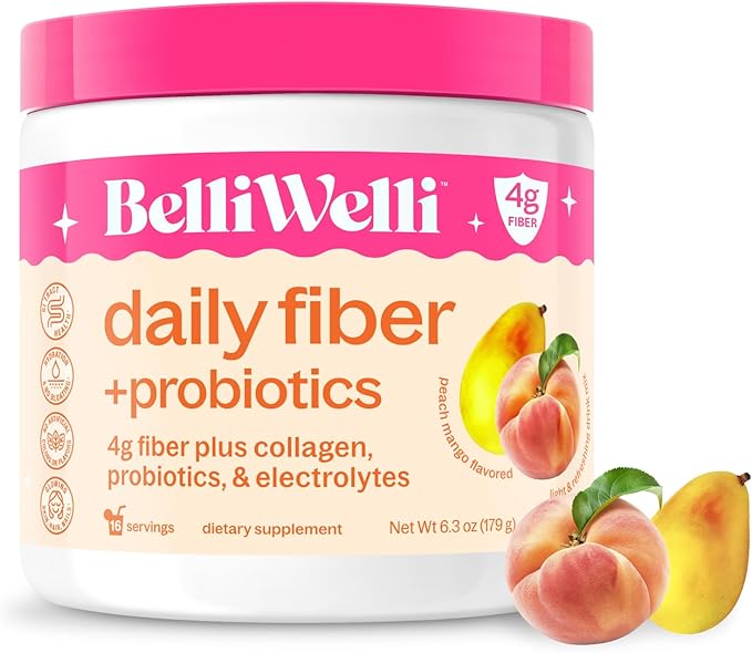 BelliWelli Fiber Supplement for Women & Men – Premium Daily Fiber Powder from Organic Acacia with Added Collagen, Electrolytes & Probiotics – No Bloat, Constipation & Gut Health Support (Peach Mango)