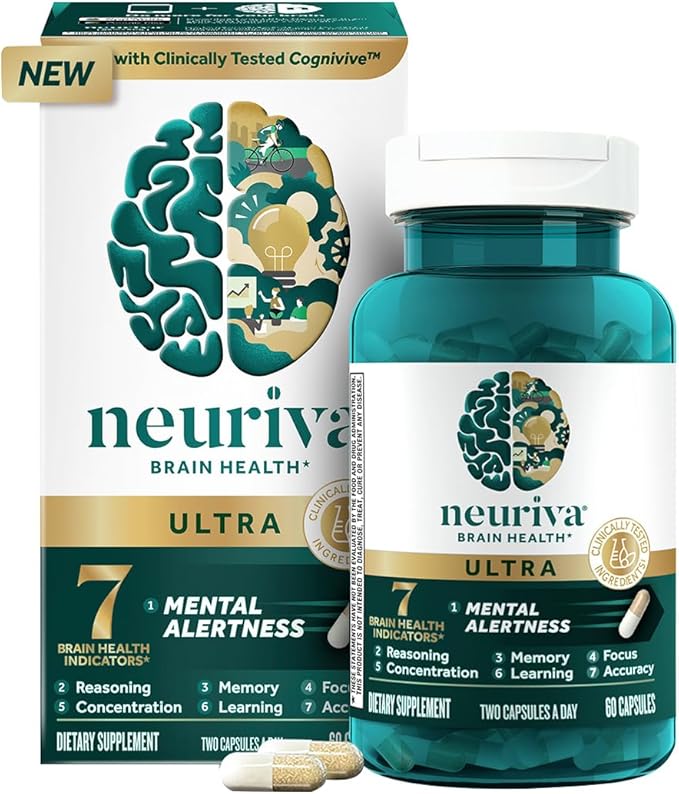 NEURIVA Ultra Decaf Clinically Tested Nootropic Brain Supplement for Mental Alertness, Memory, Focus & Concentration, Cognivive, Neurofactor, Phosphatidylserine, Vitamin B6 B12, 60 Caps (2 Pack)