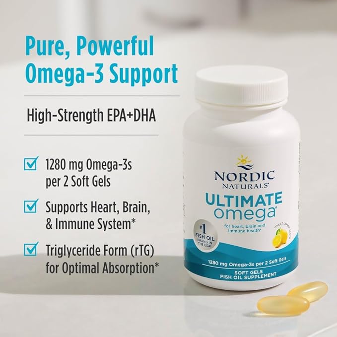 Nordic Naturals Ultimate Omega, Lemon Flavor - 120 Soft Gels - 1280 mg Omega-3 - High-Potency Fish Oil Supplement with EPA & DHA - Promotes Brain & Heart Health - Non-GMO - 60 Servings
