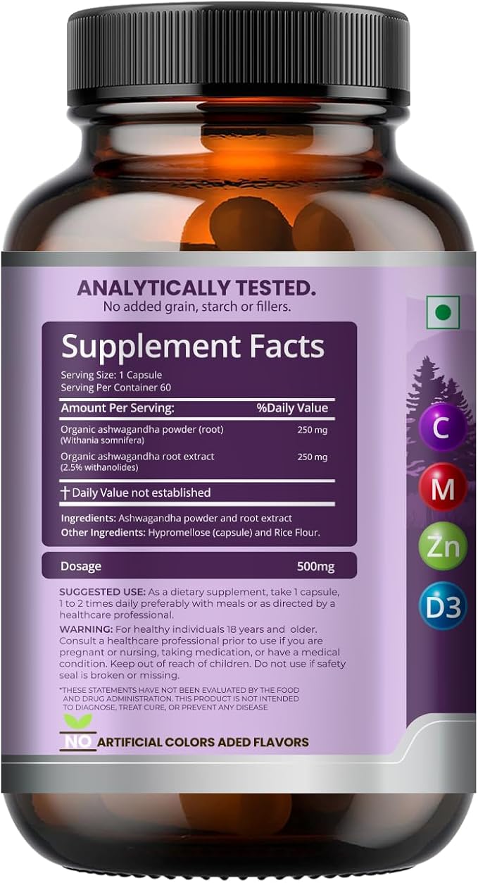 Ashwagandha KSM 66 Pure Organic Root Powder Extract Ayurvedic Supplement - Focus, Mood Support, Increase Energy, Strength, 600mg of Natural KSM66 for Superior Absorption - 60 Capsules
