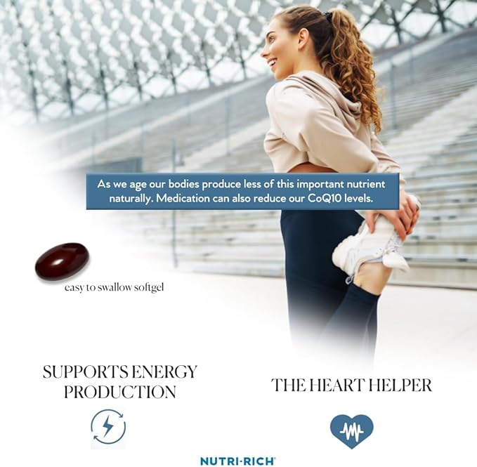 Nutri-Rich CoQ10 Softgels, Coenzyme Q10 Ubiquinone for Heart & Energy, Statin Usage & Cellular Health, Third Party Tested, GMP Quality, No Artificial Additives, No Soy, Gluten Free, 90 Count
