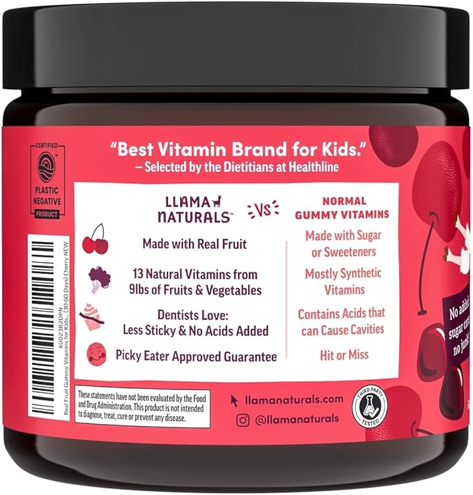 Llama Naturals Kids Multivitamin Gummies | Real Fruit, No Added Sugar Cane | Organic Vegan Toddler Whole Food Vitamins | Vitamin D, C & Beta Carotene Gummy Supplement | Cherry 180 Ct (2-3 Months)