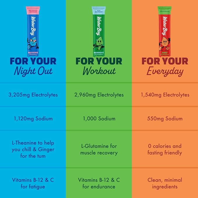 Waterboy Weekend Recovery | 3,200mg Electrolyte Powder Packets | Ginger + L-Theanine + Vitamins | No Sugar, All Natural, Gluten Free | 24 Drink Stick Mixes (Fruit Punch)