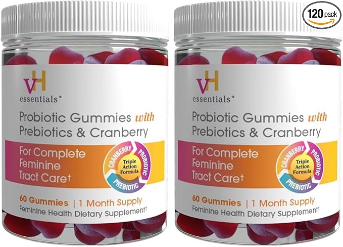 vH essentials Probiotic Gummies with Prebiotics & Cranberry, Concentrated Extract for Urinary Tract Health, Supports Vaginal Microflora Balance for a Healthy Feminine Tract, 60 Count 2 Pack