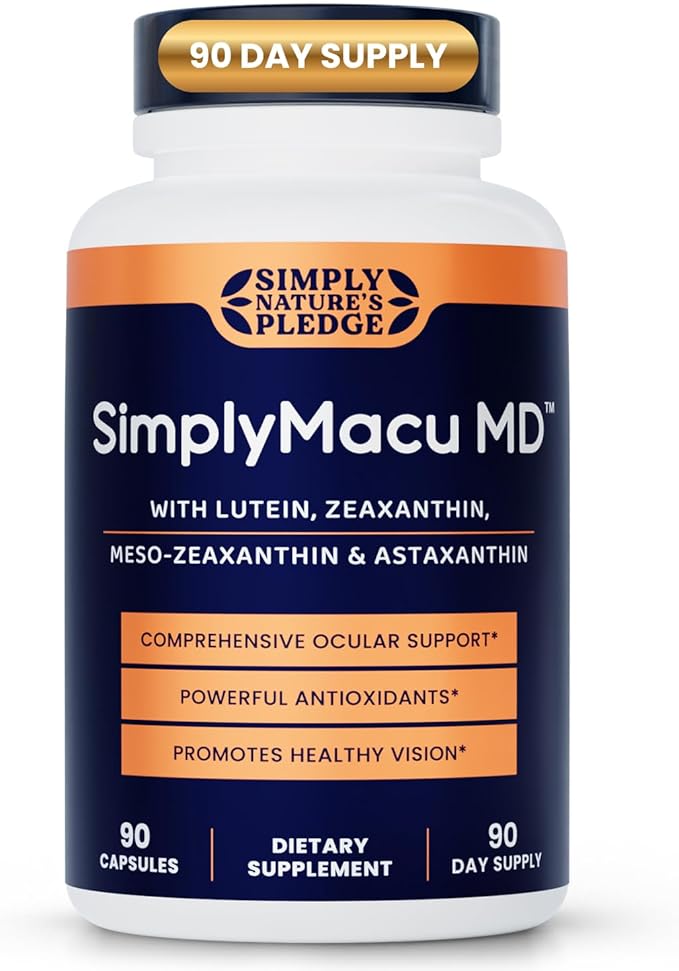 Simply Macu MD – Advanced Vision Support Supplement - 90 Capsules, 3 Month Supply - with Lutein, Zeaxanthin, Meso-Zeaxanthin & Astaxanthin – Bilberry Extract – Vegan, Non-GMO, Gluten Free