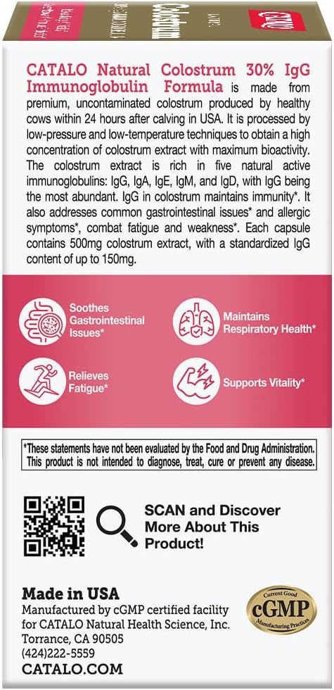 CATALO Bovine Colostrum Supplement for Women & Men - 30% IgG Immunoglobulins Formula - 500mg Colostrum Extract per Capsule - Plant-Based Capsules, 30 Capsules