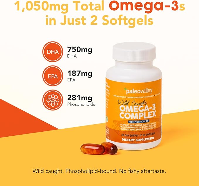 Paleovalley Omega-3 Complex, Wild Caught Fish Oil Softgels, 1,050mg Omega-3s, 750mg DHA, 187mg EPA, Phospholipid Bound Omega-3 Supplement for Brain, Heart and Joint Health, 28 Servings