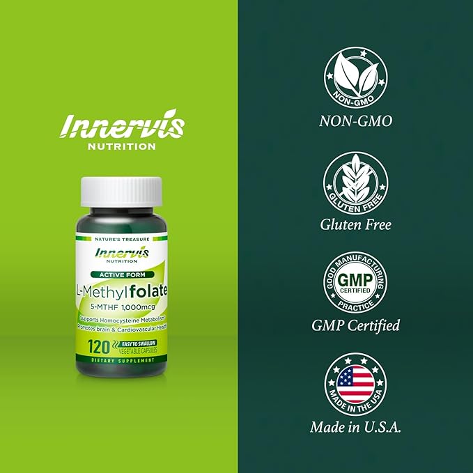 L-Methylfolate 1000mcg (120 Caps) Active Folate for Heart, Nerve Health & Homocysteine Support* - 5-MTHF Methylated Vitamin B9-1700 mcg DFE by Innervis Nutrition