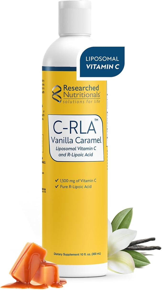 Researched Nutritionals C-RLA - Liposomal Vitamin C with R Lipoic Acid to Support Detox - Vegan & Soy-Free Vitamin C Liquid, Vanilla Caramel Flavor (10 Fl Oz)