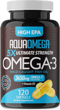 5X Ultimate Strength Omega 3 Fish Oil Supplements with High EPA and DHA Omega 3 Fatty Acids, Fish Oil Supplement with Vitamin D and No Fishy Aftertaste, 120 Softgels