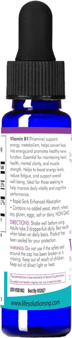 Life Solutions Vitamin B1 Dropper 2 oz - Thiamine B1 Supplement - Essential B1 Vitamins for Energy Boost and Nervous System Support - Liquid Formula for Easy Absorption