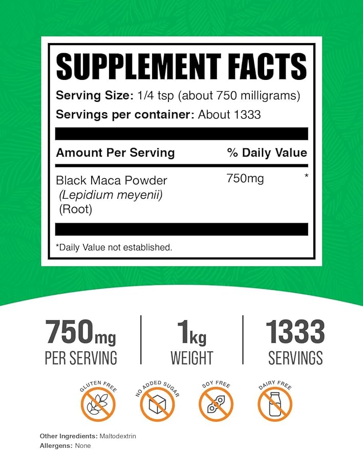 BulkSupplements.com Black Maca Powder - Black Maca Root Supplement, Herbal Supplement for Men & Women - Vegan, Gluten Free, 750mg per Serving, 1kg (2.2 lbs) (Pack of 1)