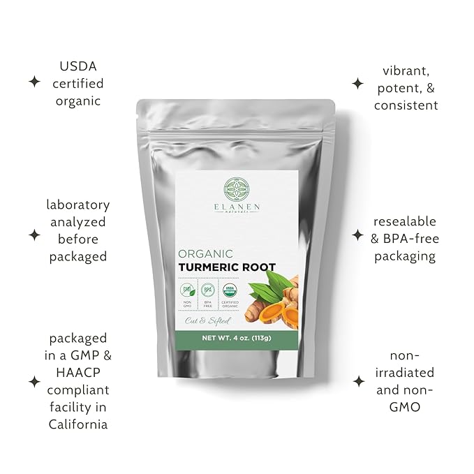 Organic Turmeric Root 4 oz (113g), USDA Certified Organic Dried Turmeric Root Herb Tea, Tumeric, Cut and Sifted