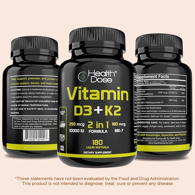 Health Dose Vitamin D3 10,000 IU + K2 (MK7) Supplement, 2-in-1 Formula, Immune Support, a Healthy Mood, Heart, Joint, Teeth, Bone Health, Calcium Absorption, 180 softgels. (1)