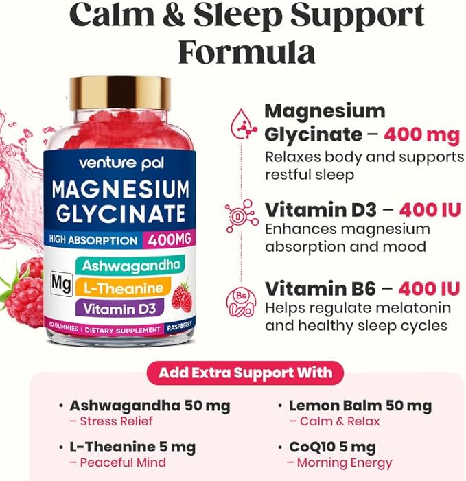 60 Day Supply Magnesium Glycinate 400mg Gummies with Ashwagandha, L-Theanine, CoQ10, Vitamin D3 & B6, Sugar Free Magnesium Gummies for Adults & Kids, Stress Relief, Sleep & Calm, Vegan, Gluten Free
