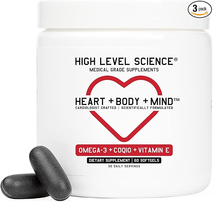 High Level Science CoQ10, Omega-3, Vitamin E - Cardiologist Formulated for Heart + Body + Mind Health with DHA/EPA, Antioxidant for Energy, Superior Bioavailable Fish Oil - Gluten Free (3)