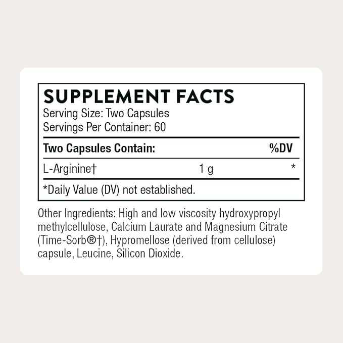 THORNE - L-Arginine - Sustained-Release - Supports Heart Health, Nitric Oxide Production, Exercise Capacity & Optimal Blood Flow* - Third-Party Certified - Gluten, Dairy & Soy-Free - 120 Capsules