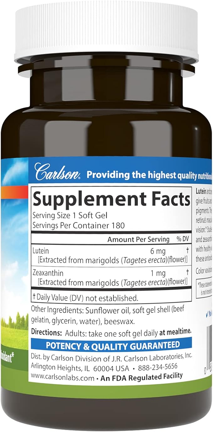 Carlson Lutein 6mg, Vision Support & Eye Health Supplement, Antioxidant Formula with Zeaxanthin, 180 Softgels