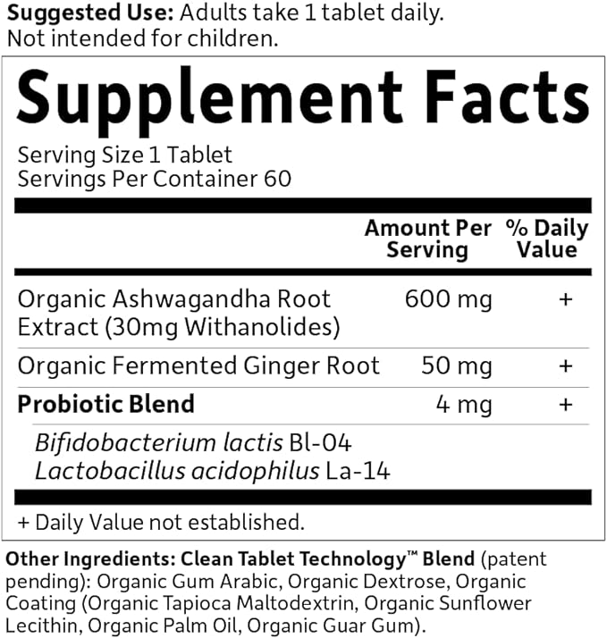 Garden of Life Organic Ashwagandha Supplement with Probiotics & Ginger - Stress, Mood & Energy Support, Vegan, Gluten Free, Non GMO, 2 Month Supply, 60 Tablets