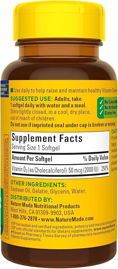 Nature Made Vitamin D3 2000 IU Liquid Softgels 90 ea (Pack of 3)