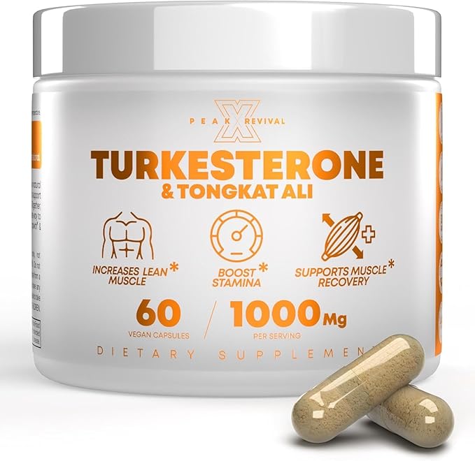 Turkesterone Tongkat Ali Supplement (500mg Ajuga Turkestanica + 250mg Tongkat Ali) 60 Capsules-Turkesterone Supplement 1000mg - Muscle Strength & Recovery Support - Made in The USA BY Peak Revival-X