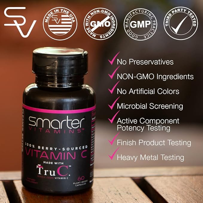 SmarterVitamins (5 Pack) Raw Whole Food Vitamin C from Berries, Premium Antioxidants, Bioflavonoids & Polyphenols, 300 Vegan Capsules