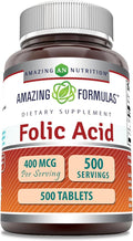 Amazing Formulas Folic Acid (Vitamin B9) 400 mcg | Tablets Supplement | Non-GMO | Gluten Free | Made in USA (1 Pack, 500 Count)