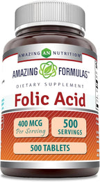 Amazing Formulas Folic Acid (Vitamin B9) 400 mcg | Tablets Supplement | Non-GMO | Gluten Free | Made in USA (1 Pack, 500 Count)