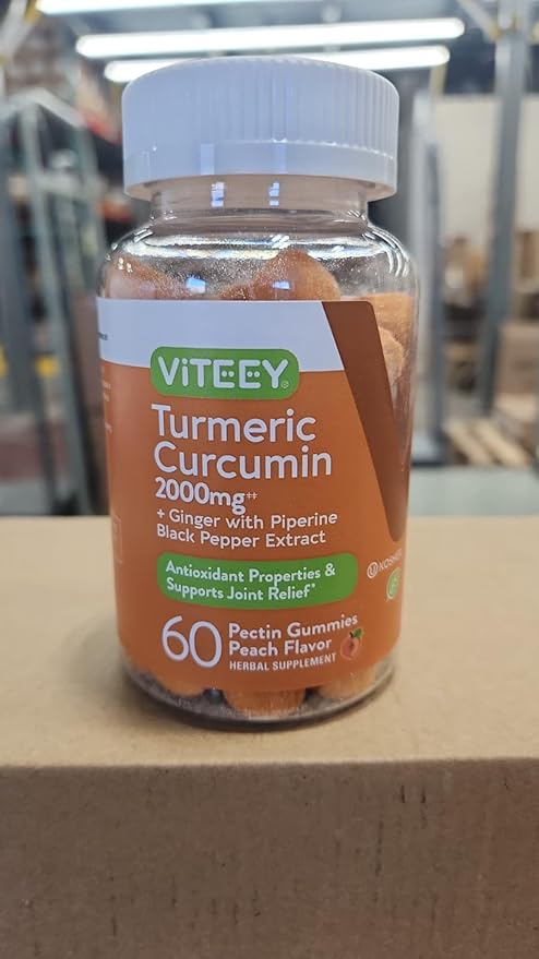 Viteey Turmeric Gummies with Turmeric Curcumin, Ginger & Black Pepper Extract - Immune Support, Healthy Skin, and Joint Health - Vegan, Gelatin Free, GMO Free - Tasty Chewable Peach Flavored-120 Count
