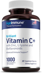 AgeImmune Vitamin C 1000mg Complex with L-Lysine 500mg, Zinc 12mg, Bioflavonoids 300mg. Doctor Formulated Magnesium Stearate Free Supplements for Healthy Immune System Support.(1)