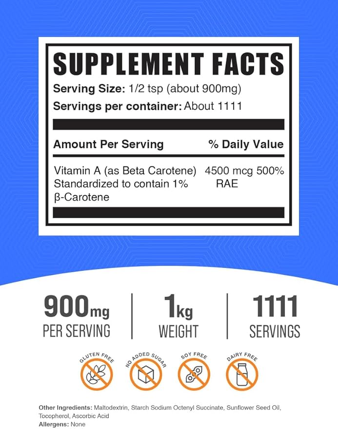 BulkSupplements.com Beta Carotene Powder - Beta Carotene Supplement, Vitamin A Supplement for Immune and Vision Support - Gluten Free, 900mg per Serving, 1kg (2.2 lbs) (Pack of 1)