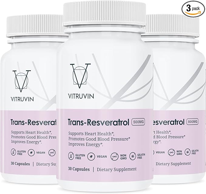 VITRUVIN Trans-Resveratrol Supplement 500mg, 3 Bottles Pack, Vegan, Non-GMO, Gluten-Free, Gelatin-Free.