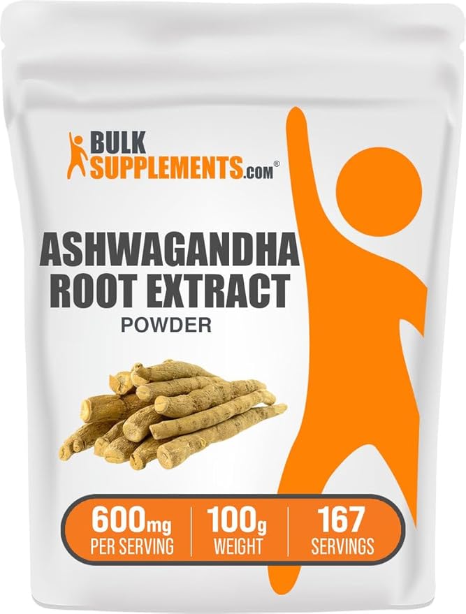 BulkSupplements.com Ashwagandha Root Extract Powder - Ashwagandha Supplement, Herbal Supplement - Vegan & Gluten Free, 600mg per Serving, 100g (3.5 oz) (Pack of 1)