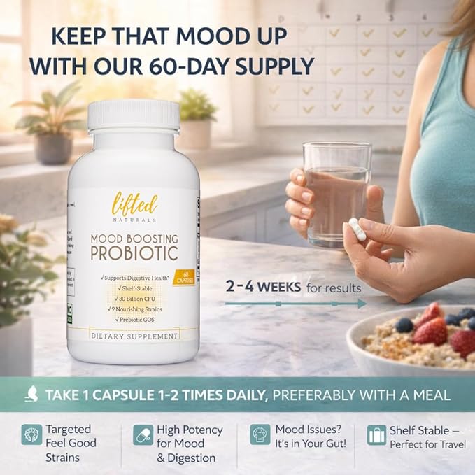Lifted Naturals Mood Boosting Probiotic 30 Billion CFU - Mood Support Supplement, Prebiotics and Probiotics for Women & Men, Acidophilus Lactobacillus Probiotic, Shelf Stable & Non-GMO, 60 Capsules