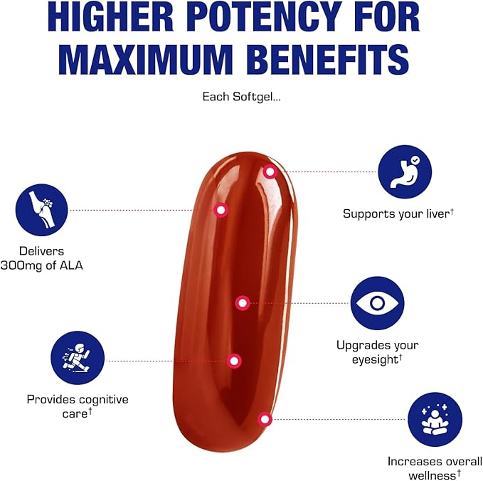 Alpha Lipoic Acid 300mg - Clinical Formula ALA Supplement for Liver Eye Brain Mitochondria Energy Antioxidant & Nerve Support - Non-GMO Soy Free & Easy to Swallow Softgels - 60 Servings