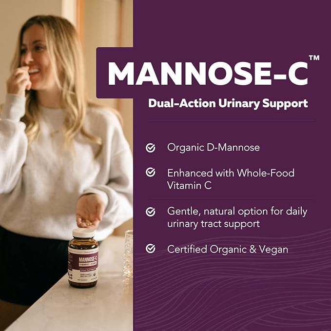 Mannose-C - Organic D-Mannose + Whole Food Vitamin C, Natural UTI Support Supplement to Flush & Cleanse Urinary Tract, Certified Organic Urinary Health for Women, Vegan, Non-GMO (180 Count)