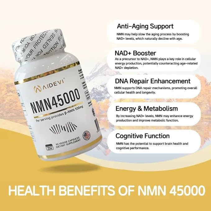 NMN 45000 (90 Caps) - 100% Pure β-Nicotinamide Mononucleotide | Single-Ingredient Formula (No Additives) | Made in USA NAD Plus Booster | 500mg Per Capsule for DNA Repair & Cognitive Support