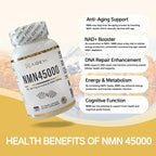 NMN 45000 (90 Caps) - 100% Pure β-Nicotinamide Mononucleotide | Single-Ingredient Formula (No Additives) | Made in USA NAD Plus Booster | 500mg Per Capsule for DNA Repair & Cognitive Support
