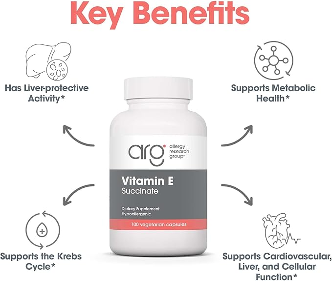 ARG Vitamin E Succinate - 400 IU d-Alpha-Tocopheryl Succinate - Antioxidant & Energy Support - Dry Powder Vegetarian Capsules - Hypoallergenic Formula - 100 Servings - 100 Capsules