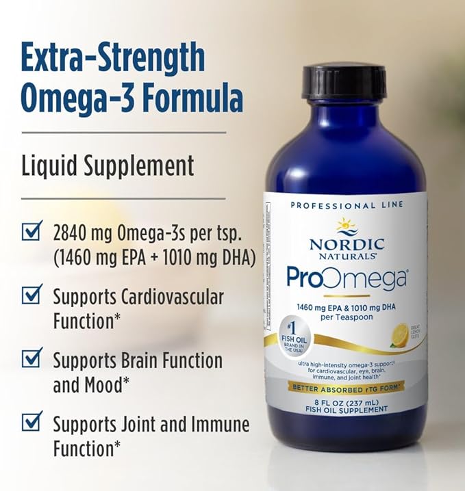 Nordic Naturals ProOmega Liquid, Lemon Flavor - 8 oz - 2840 mg Omega-3 - High Potency Fish Oil with EPA & DHA - Promotes Brain, Eye, Heart, & Immune Health - Non-GMO - 48 Servings