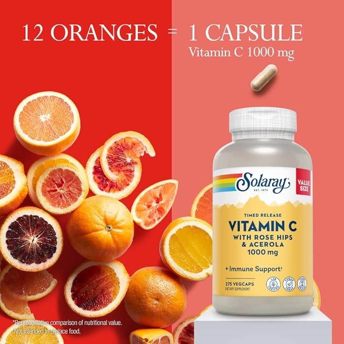 SOLARAY Vitamin C 1000mg - Time Release Vitamin C Capsules w/Rose HIPS and Acerola for Bioflavonoid Support - Two-Stage, All-Day Immune Support - Vegan, 60 Day Guarantee, 275 Servings, 275 VegCaps