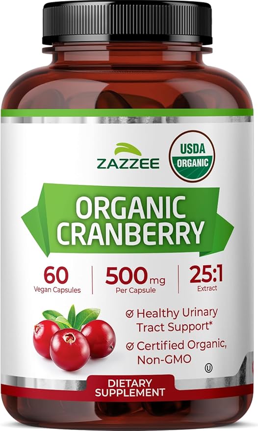 Zazzee USDA Organic Cranberry 25:1 Extract, 500 mg per Capsule, 60 Vegan Capsules, 2 Month Supply, Certified Kosher, Vaccinium Macrocarpon, Urinary Tract & Bladder Support, Non-GMO, Made in the USA