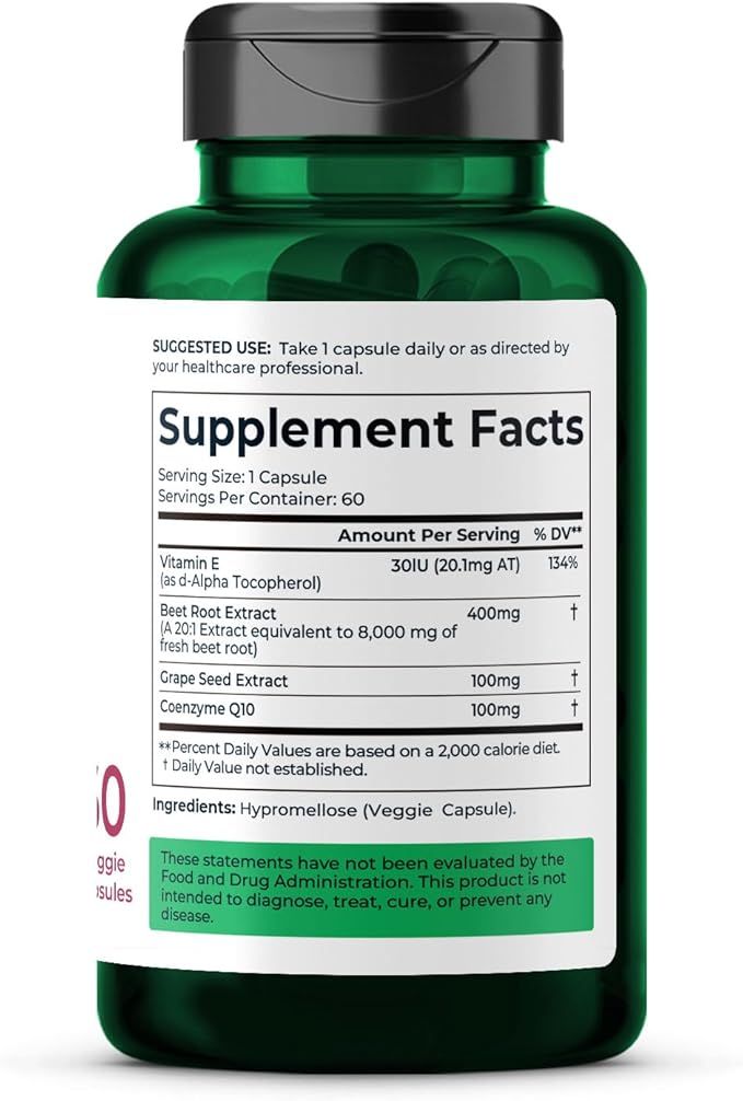 Divinity Nutra Organic Beet Root Capsules with CoQ10, Vitamin E, Grape Seed, Non-GMO,USA Made - 60 Capsules, 60-Day Supply