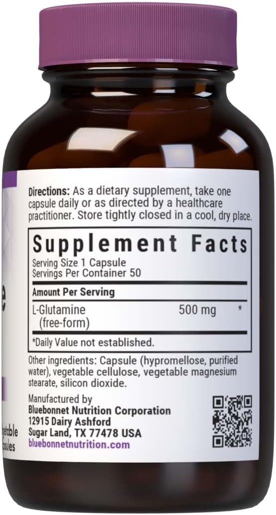 Bluebonnet Nutrition L-Glutamine 500mg, Supports Immune Function, Nitrogen Transporter, Soy & Gluten-Free, Non-GMO, Kosher Certified, Vegan, 50 Vegetable Capsules, White, 50 Count