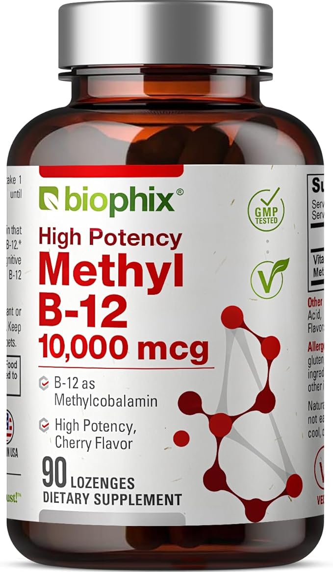 biophix Methyl B-12 10000 mcg 90 Vegan Lozenges Cherry Flavor Extra Strength - Supports Nervous System Immune Health Blood Flow Metabolism Brain Focus Energy