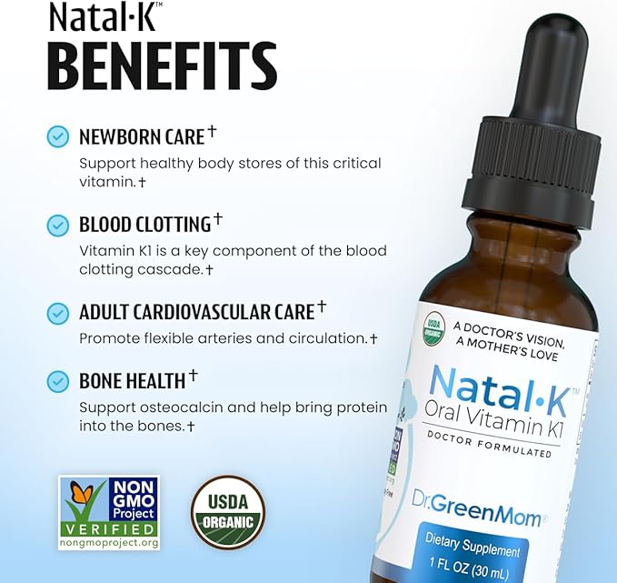 Dr. Green Mom Natal K Oral Vitamin K1 Drops for Newborns | Organic Phytonadione in MCT Oil | Natural VIT K for Babies to Support Blood Clotting