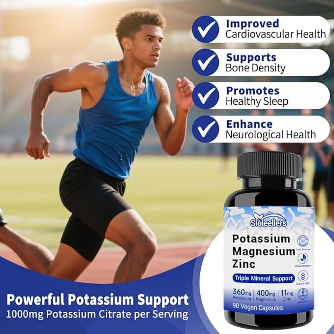 Potassium Magnesium Zinc Supplement – 1000mg Potassium Citrate & 400mg Magnesium Citrate – Supports Muscle Function, Electrolyte Balance & Nervous System Health – 90 Vegan Capsules