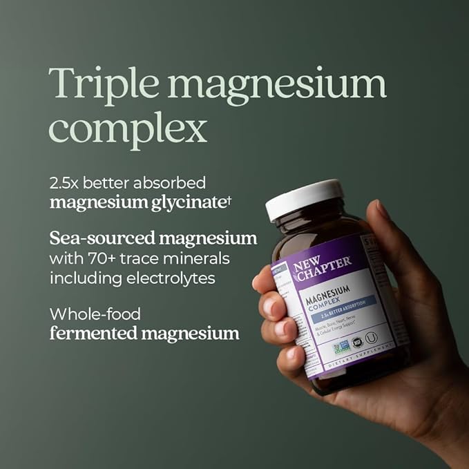 New Chapter Magnesium Complex Supplement, 325mg with Magnesium Glycinate + Sea-Sourced + Fermented Forms for Heart, Bone, Nerve, Muscle & Cellular Energy, 100% Vegan, 60 Tablets