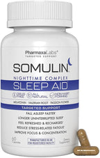 Somulin Nighttime Complex Sleep Aid - Powerful All-Natural Maximum Strength Formula - Fall Asleep & Stay Asleep - Feel Rested & Refreshed - Melatonin, Valerian Root, Chamomile & 5-HTP - 60 Capsules